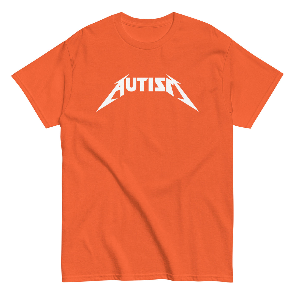 Oranssi autism t-paita, jossa on metallimusiikin tyyliin suunniteltu AUTISM-teksti.
