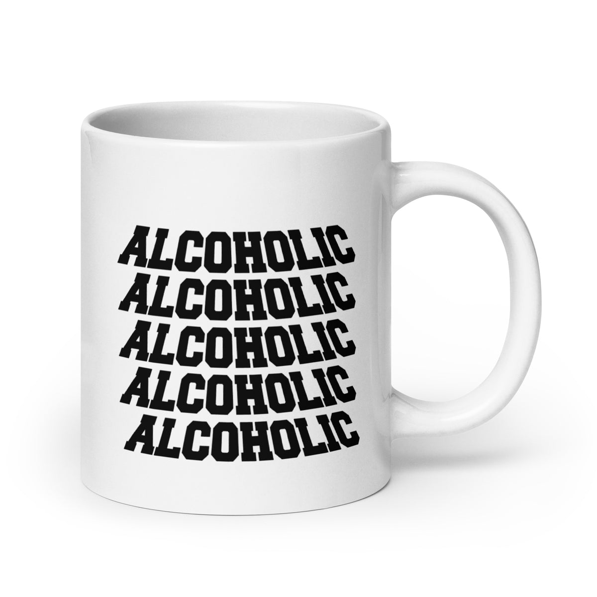 Hauska alkoholimuki mustilla ALCOHOLIC-sanoilla mukavaksi juomahetkeksi