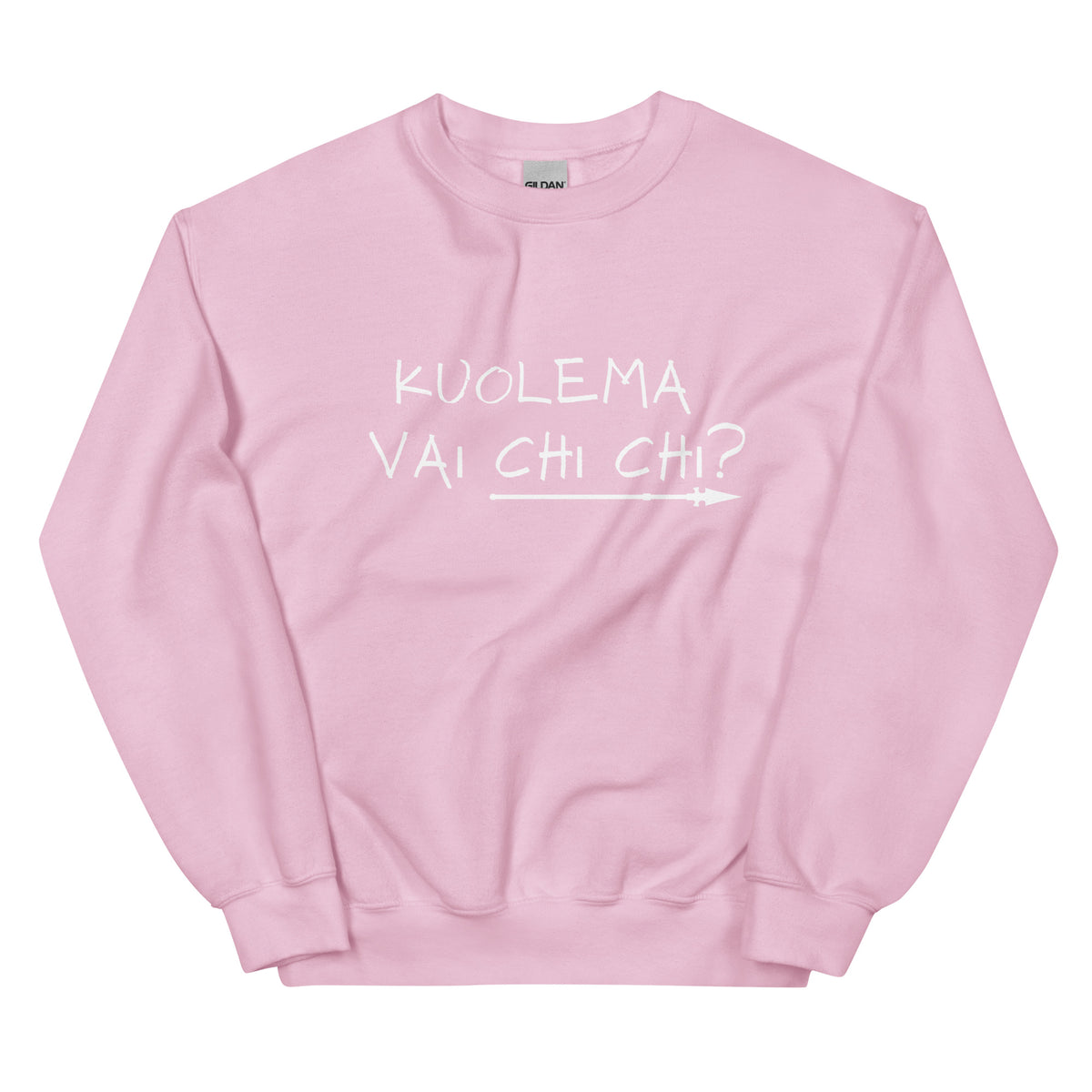 Vaaleanpunainen hauska collegepaita, jossa on teksti Kuolema vai chi chi?