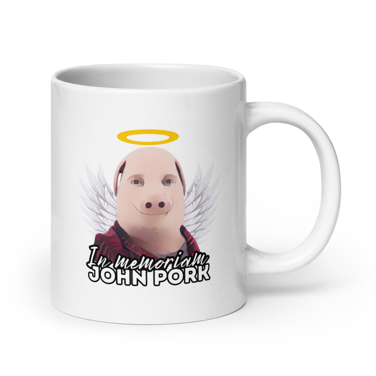 John Pork muki, jossa enkelin siivet ja teksti In memoriam, hauska lahja fanille.