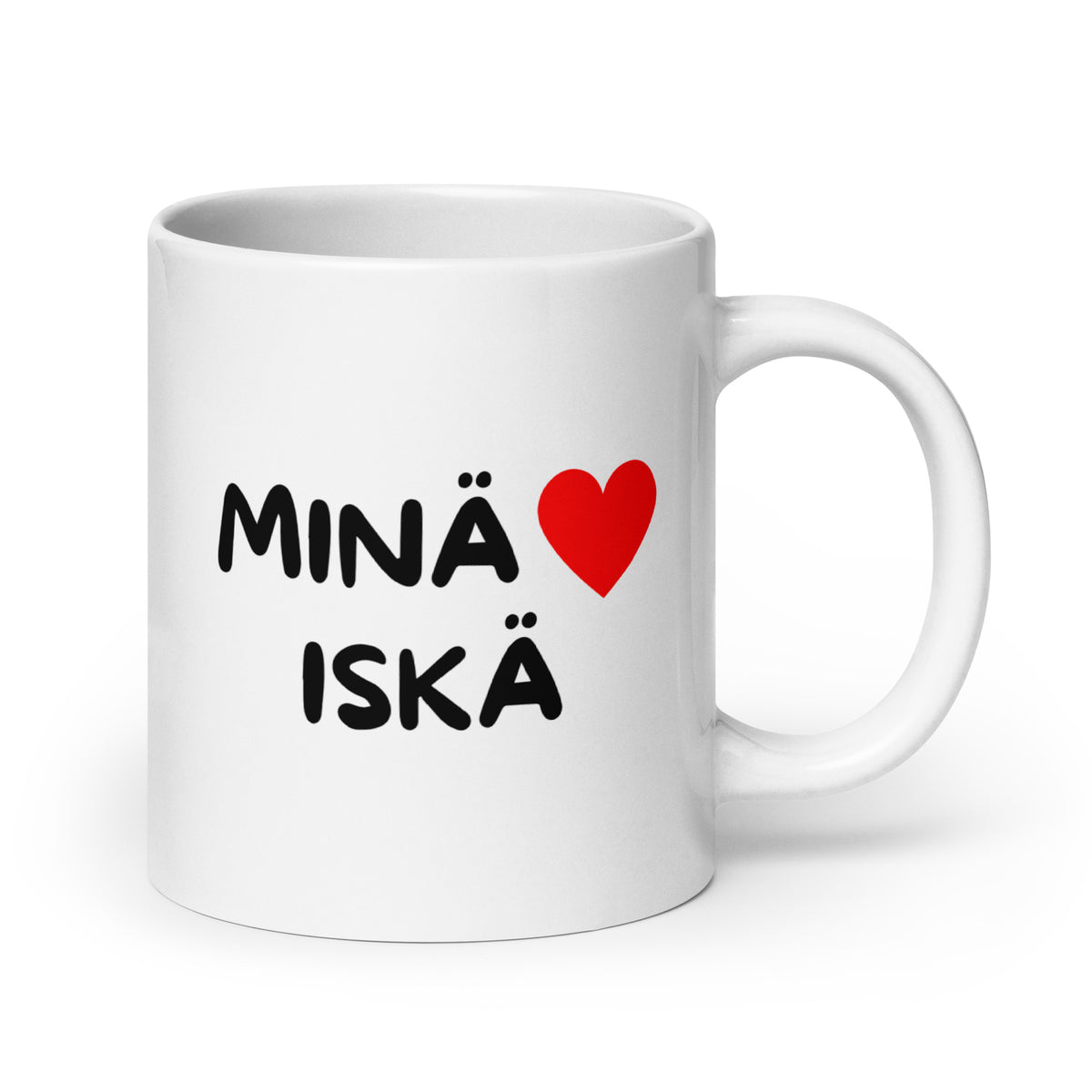 Valkoinen kahvikuppi lahjaksi, jossa teksti Minä ♥ Iskä mustalla ja punaisella