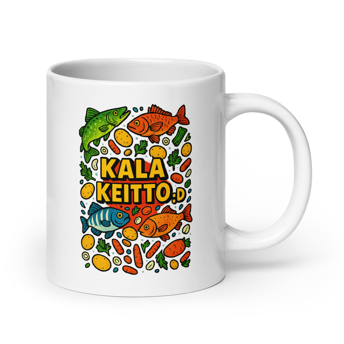 Valkoinen kalakeitto muki värikkäällä kala- ja vihanneskuviolla