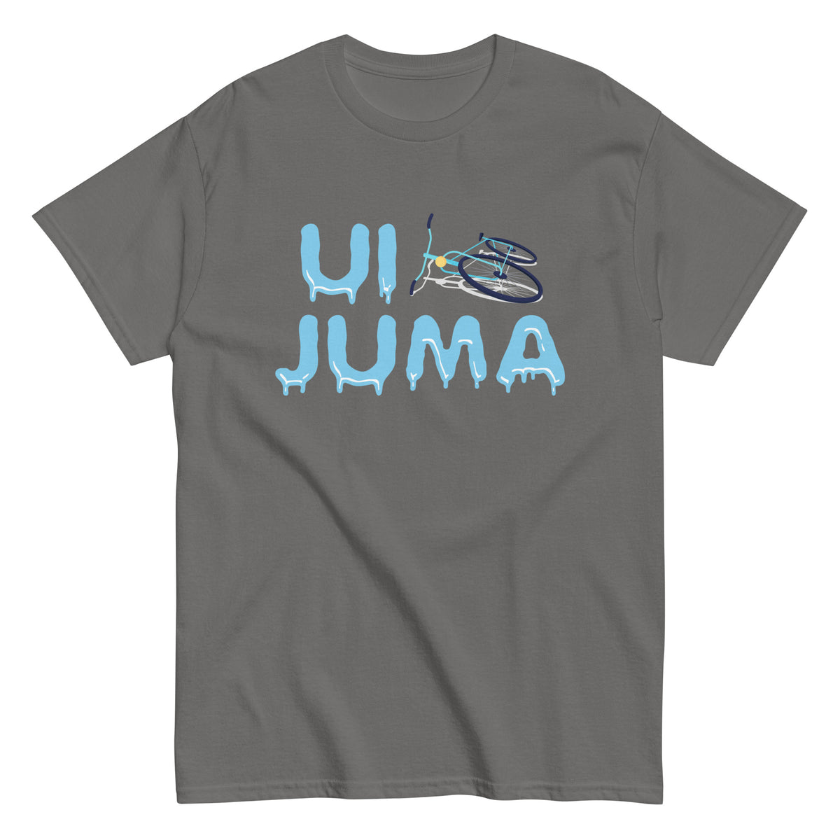 Esittelyssä Meemirottan Ui Juma T-Paita, musta T-paita, jossa on teksti "UI JUMA" ainutlaatuisessa sinisessä sulavassa tyylissä. Siinä on kuvitettu polkupyörä U-kirjaimen yläpuolella, mikä tekee tästä hauskasta paidasta täydellisen lahjaidean, joka yhdistää vaivattomasti oikeita ja siistejä.