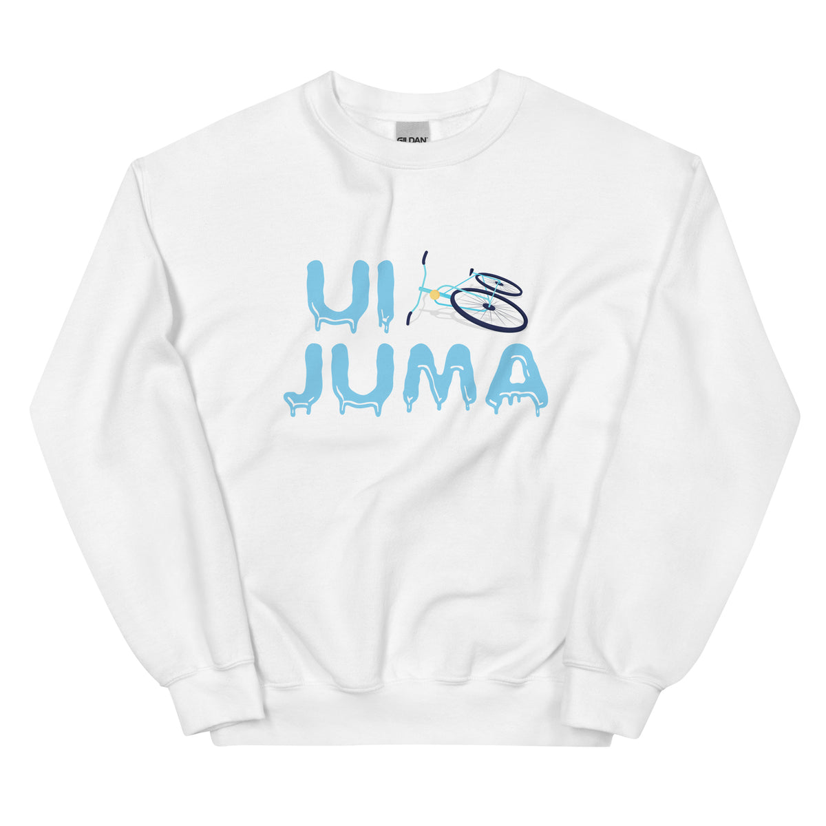 Valkoinen ui juma collegepaita, jossa on värikäs jäätynyt teksti edessä