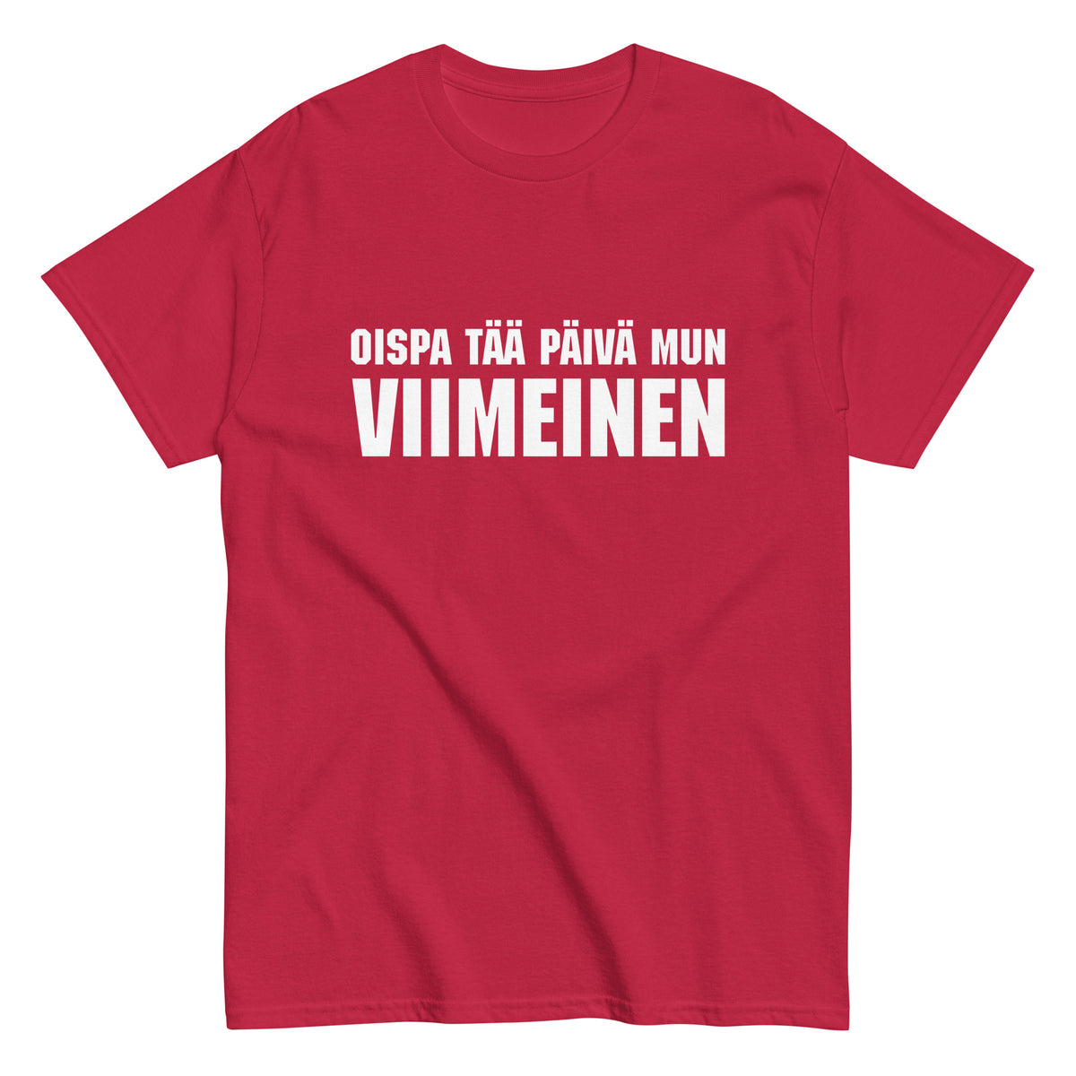 Meemirottan Viimeinen Päivä T-Paita on sinisellä värillä ja valkoisella tekstillä "OISPA TÄÄ PÄIVÄ MUN VIIMEINEN". Erottuvana valintana hauskat payat -kokoelmastamme tämä paita on erinomainen lahjaidea ainutlaatuista huumoria arvostaville.