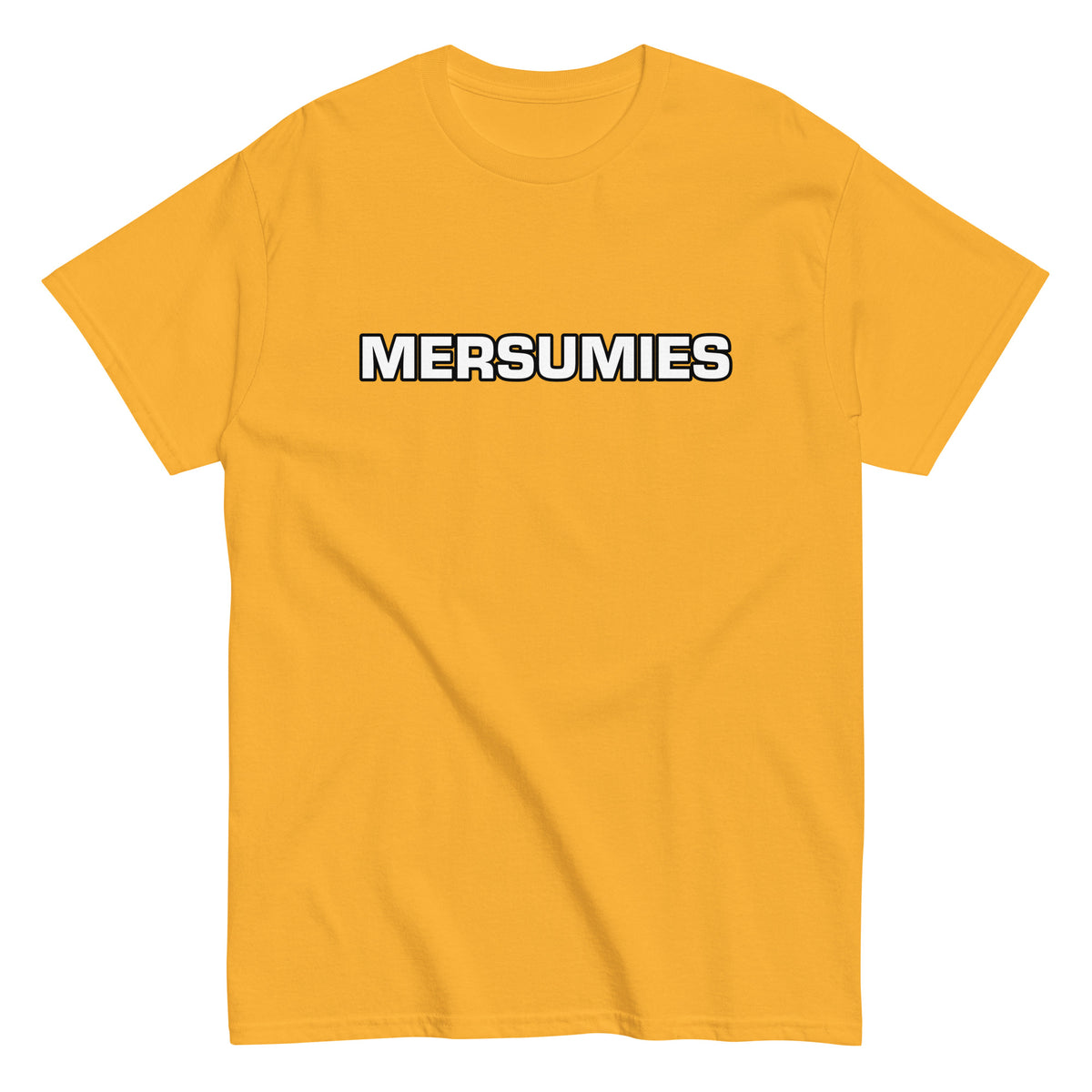 Meemirotta unisex t-paita kirkkaassa keltaisessa väriä MERSUMIES tekstillä edessä
