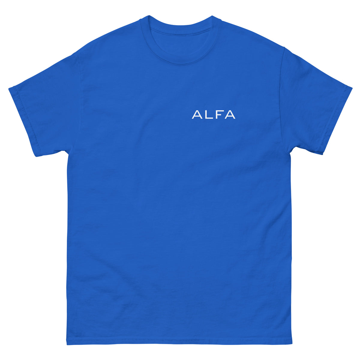 Meemirottan "Alfa T-Paita" on tyylikäs musta T-paita, jossa on valkoinen sana "ALFA" rinnan vasemmassa yläkulmassa.