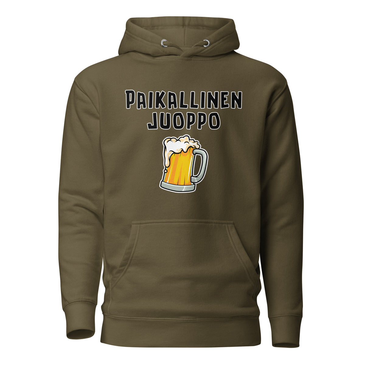 Esittelyssä Meemirottan "Paikallinen Juoppo Huppari", musta huppari, jossa on valkoinen teksti "PAIKALLINEN JUOPPO" ja alla vaahtoava olutmukin kuva. Tämä kappale on ihanteellinen valinta hauskat payatin ystäville ja tekee hauskan lahjaidean meemivaatteita arvostaville ystäville.