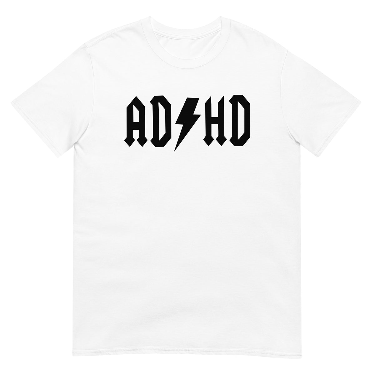Meemirotta ADHD t-paita valkoisella taustalla mustalla tekstillä ja salamalla