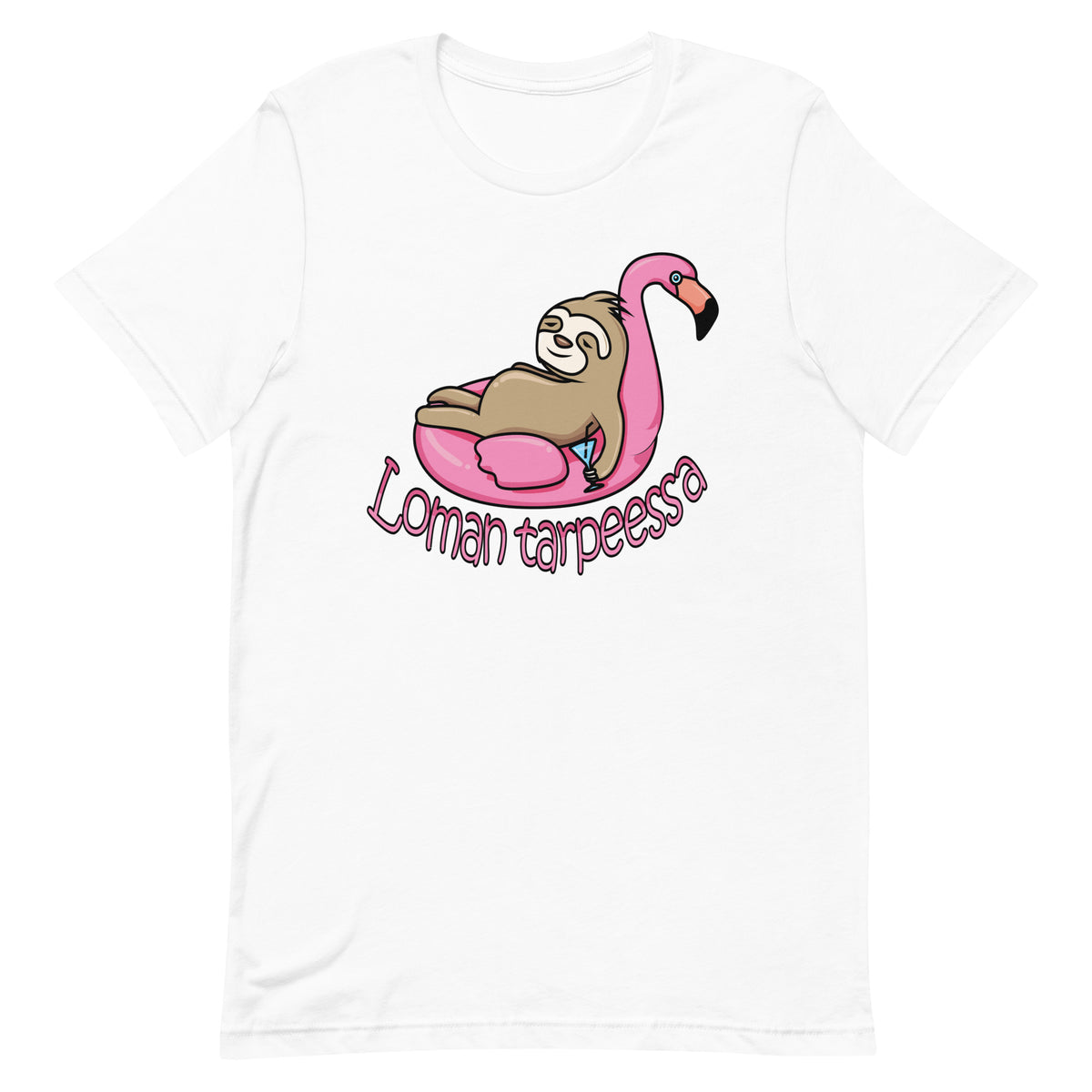 Meemirotta loman tarpeessa t-paita, jossa naureskeleva laiskiainen flamingossa