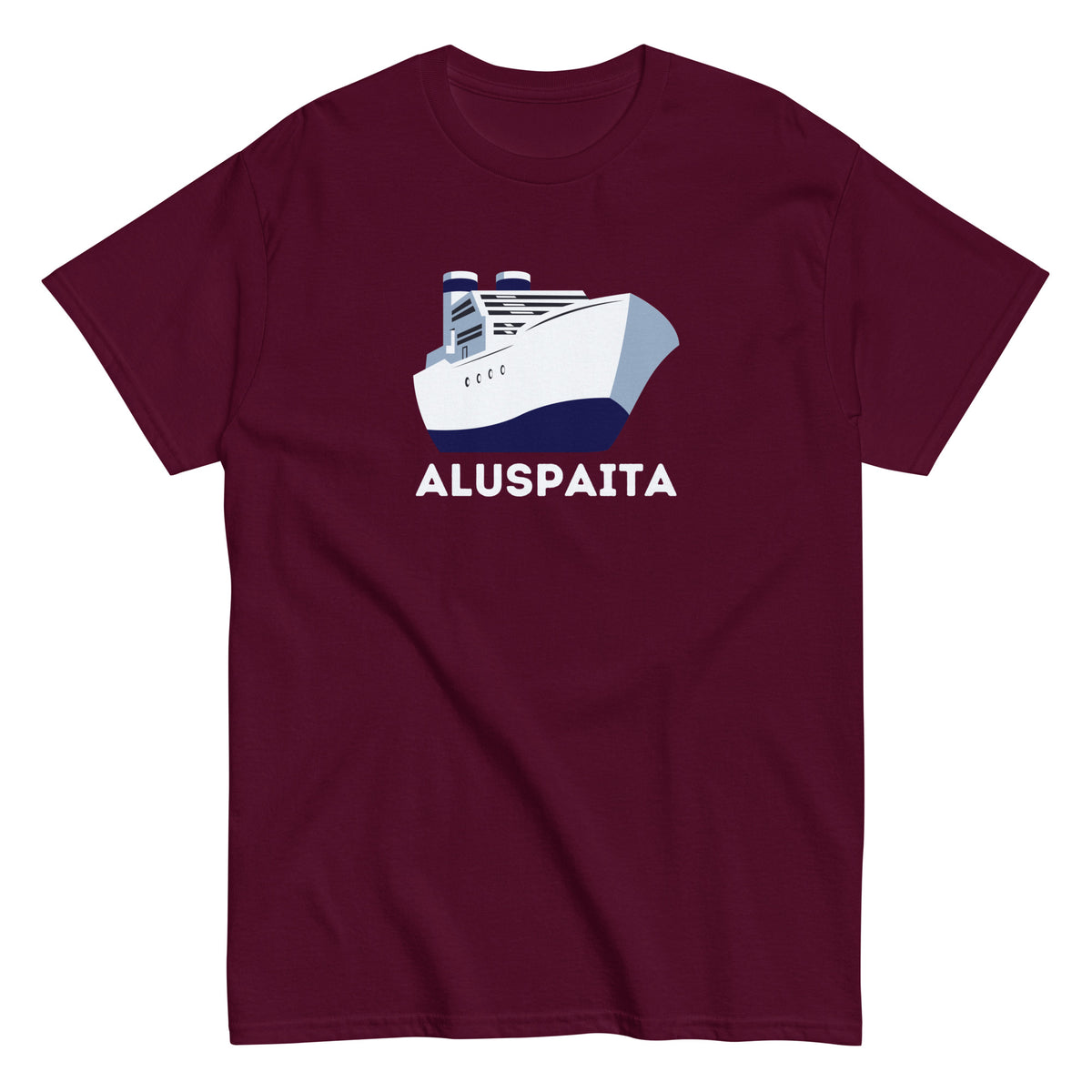 Bordeaux-värinen Meemirotta aluspaita t-paita, jossa on laivan kuva ja teksti aluspaita.