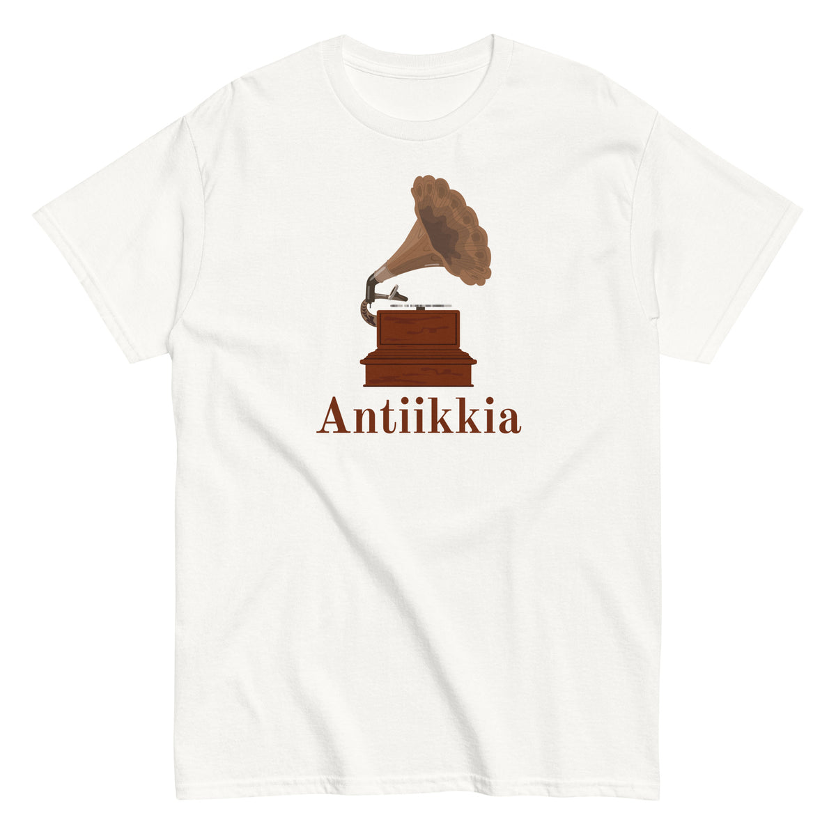 Meemirotta antiikkiaiheinen t-paita, jossa on vanhanaikainen gramofoni ja sana Antikikka