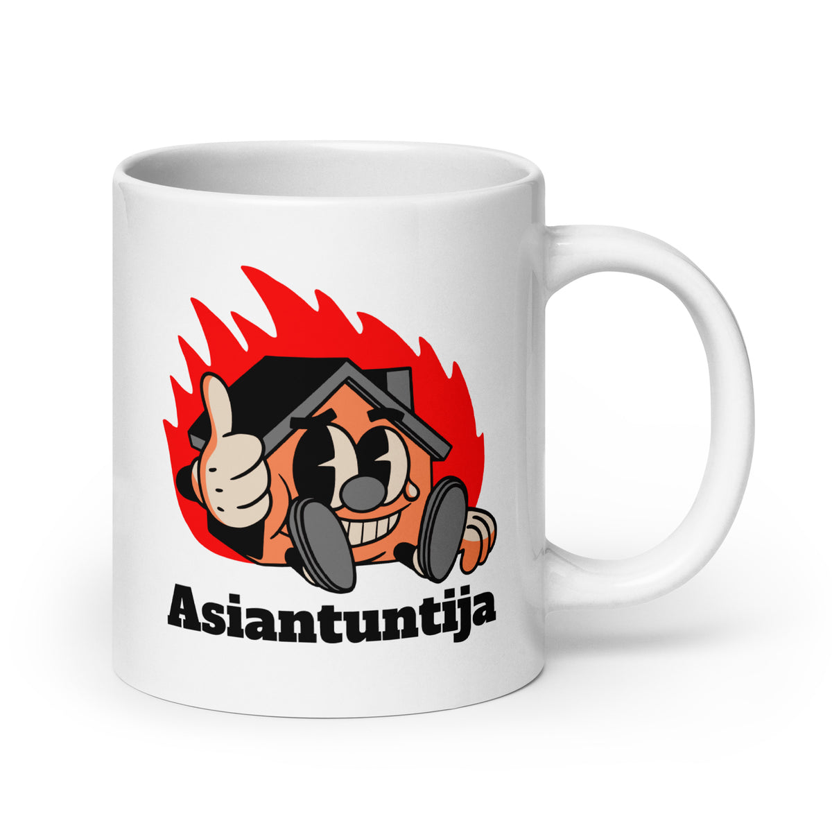 Meemirotta asiantuntija muki, jossa on iloinen hahmo tulen taustalla