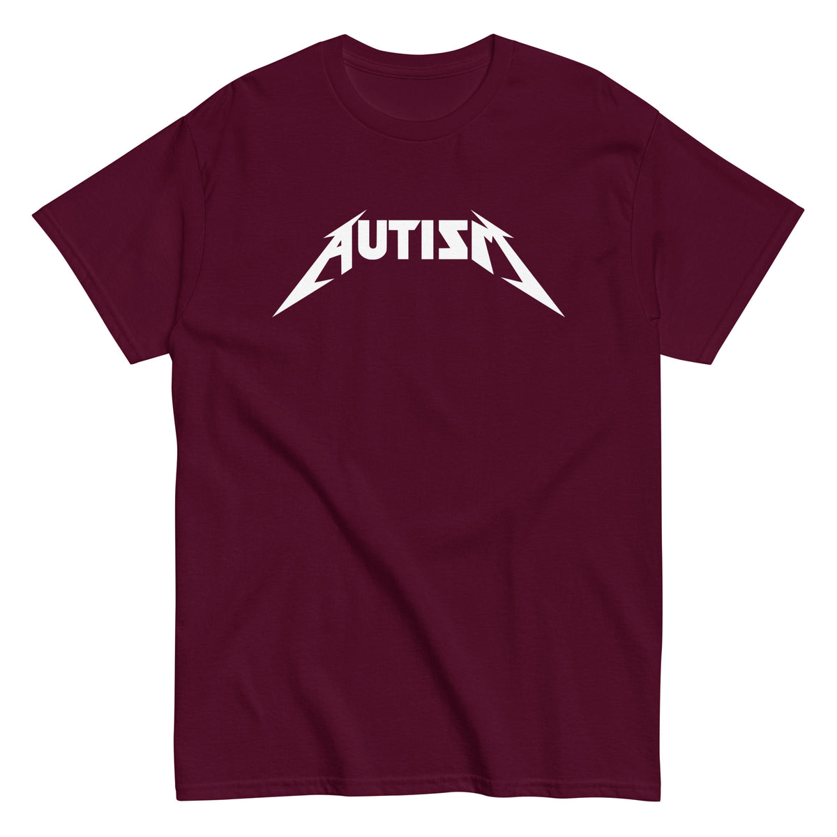 Meemirotta autism t-paita tummanpunaisella taustalla ja valkoisella tekstillä