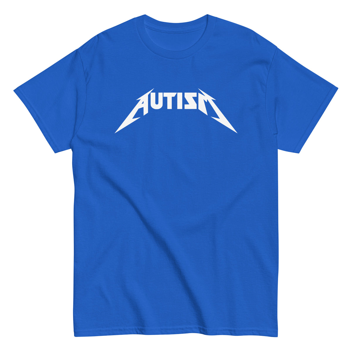Meemirotta autism t-paita kirkkaan sininen, jossa valkoinen AUTISM-tulostus edessä