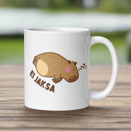 Capybara muki, jossa söpö capybara ja teksti 'EI JAKSA' laisessa asennossa