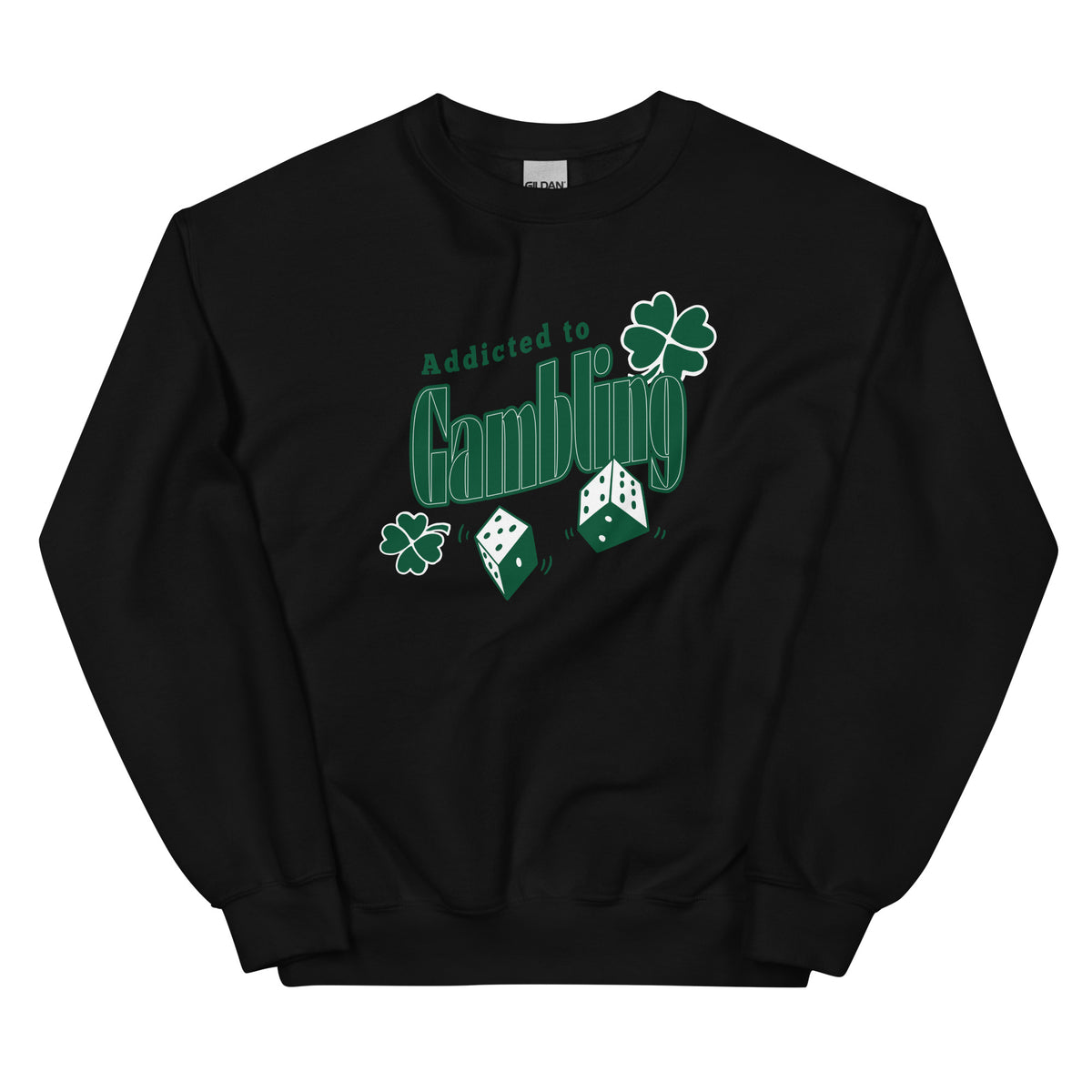 Mustat collegepusero hauska college uhkapeliteemalla, jossa on noppia ja shamrock-kuvioita.