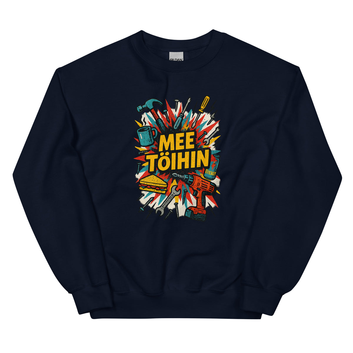 Meemirotta mee töihin collegepaita mustalla pohjalla ja värikkäällä kuviolla