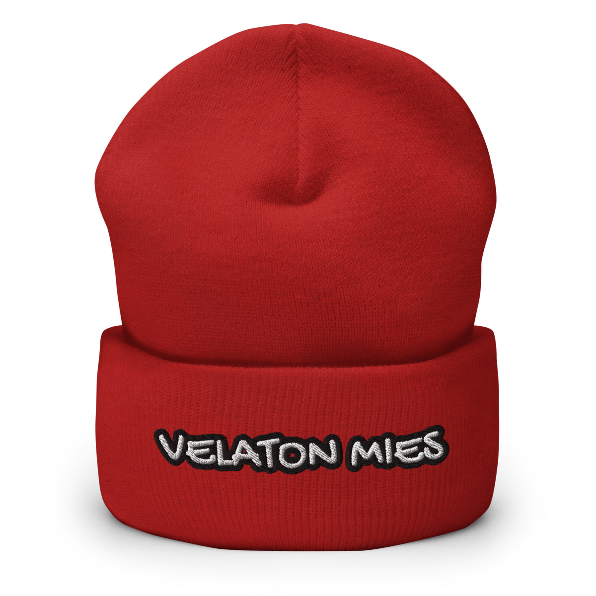 Meemirottan Velaton Mies Pipo on lihavoitu punainen taitettu reunus pipo, jossa on kirjailtu teksti "VELATON MIES" lihavoituin, leikkisillä valkoisilla kirjaimilla, jotka on rajattu mustalla ääriviivalla - ihanteellinen lahjaidea meemivaatteiden ystäville.
