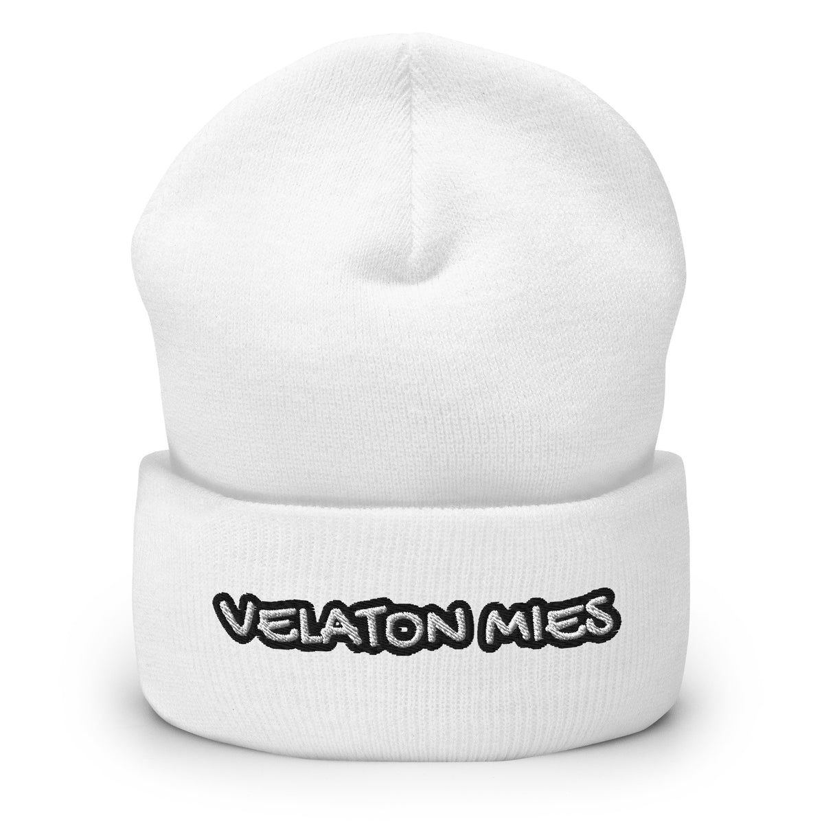 Meemirottan Velaton Mies Pipo on lihavoitu punainen taitettu reunus pipo, jossa on kirjailtu teksti "VELATON MIES" lihavoituin, leikkisillä valkoisilla kirjaimilla, jotka on rajattu mustalla ääriviivalla - ihanteellinen lahjaidea meemivaatteiden ystäville.