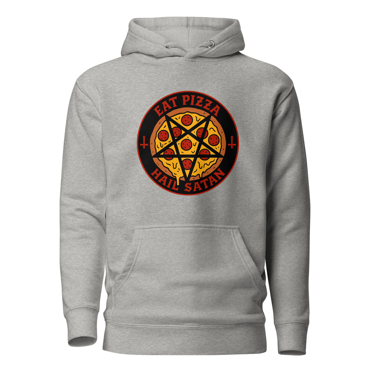 Harmaa Eat Pizza Hail Satan huppari, jossa loistaa pizzaa ja okkulttista symboliikkaa