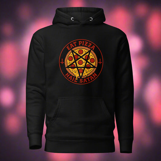Mustat Eat Pizza Hail Satan huppari, jossa on värikäs pizza-aiheinen painatus edessä