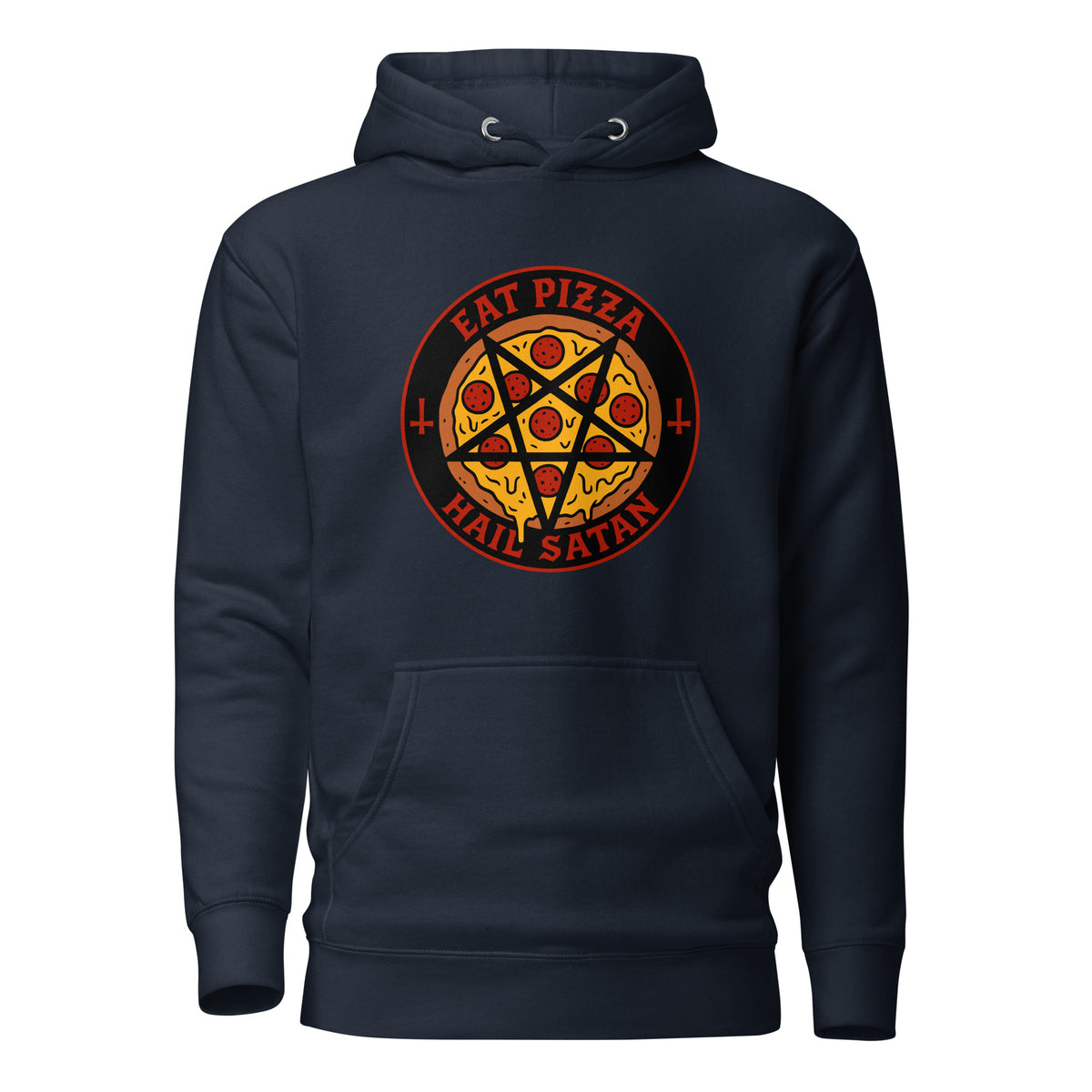 Meemirotta Eat Pizza Hail Satan huppari tummansinisellä taustalla ja värikkäällä painatuksella