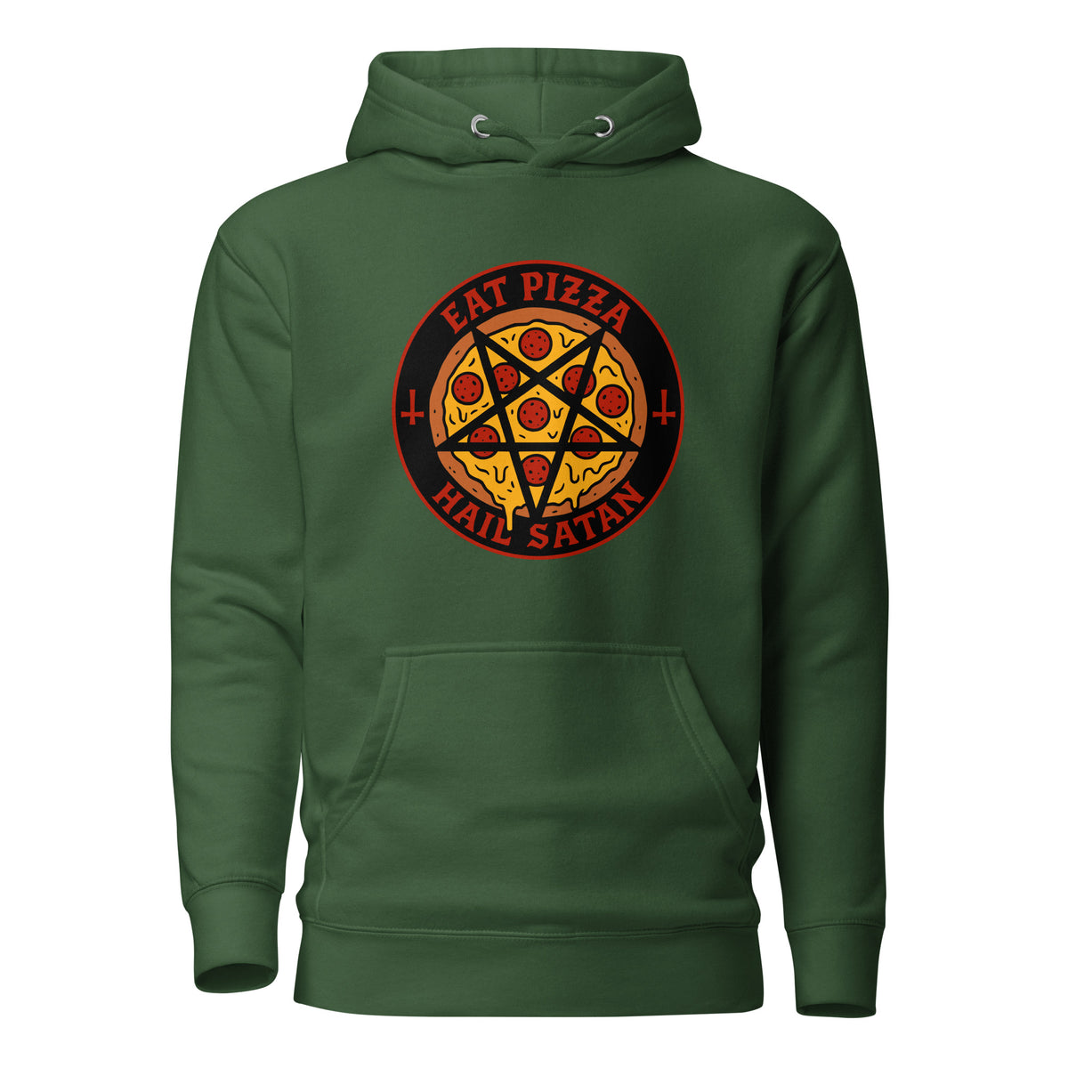 Meemirotta Eat Pizza Hail Satan huppari, vihreä malli värikkäällä painatuksella