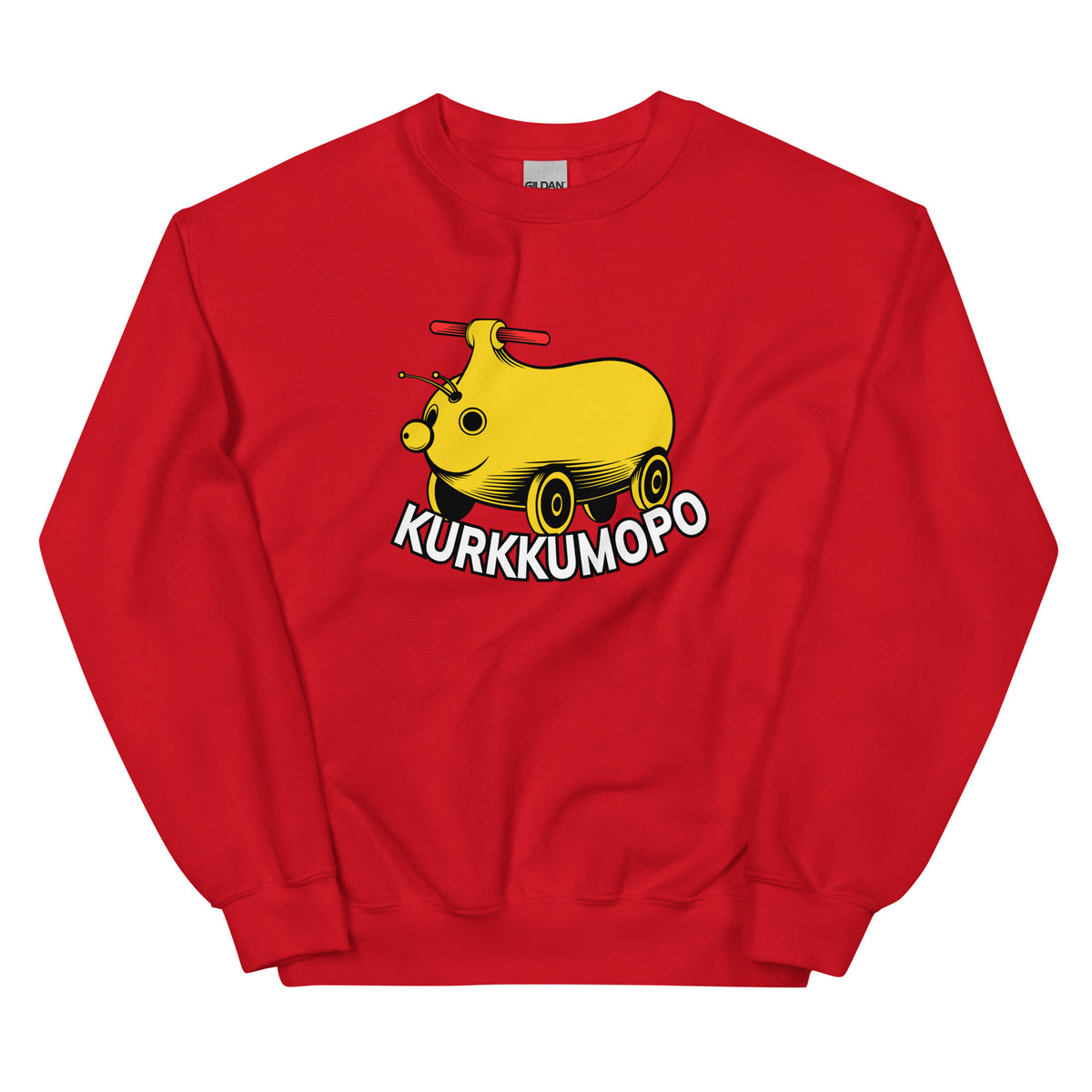 Hauska college punaisella pohjalla, jossa on keltainen Kurkkumopo -grafiikka edessä