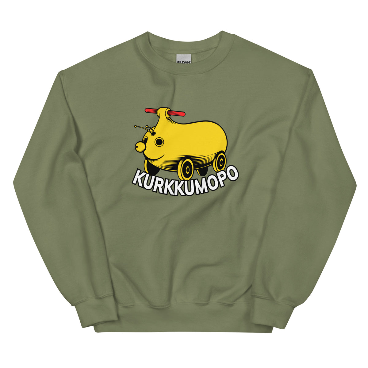 Hauska college, jossa on Kurkkumopo-kuvitus ja vihreä tausta, mukava ja tyylikäs valinta.