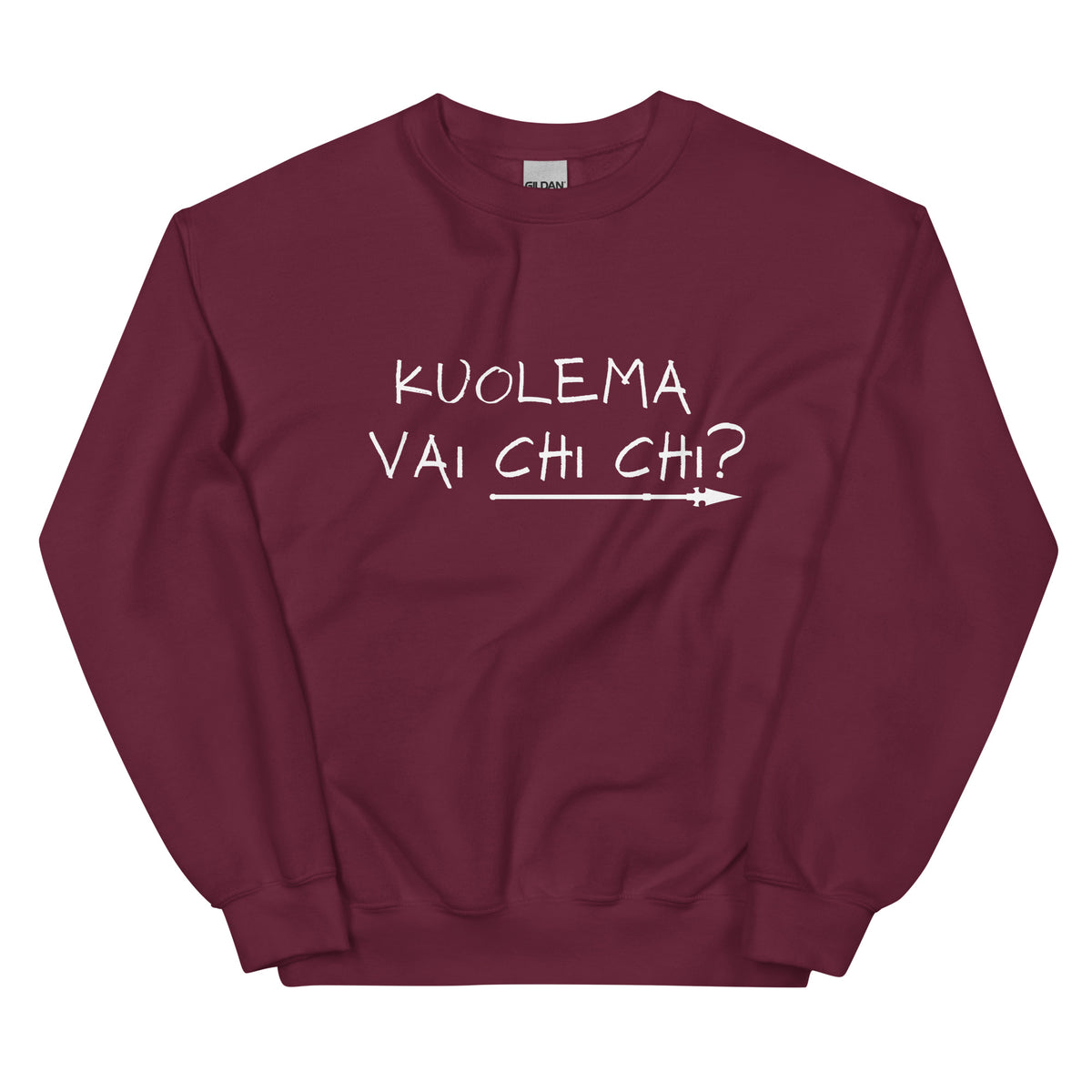 Bordeaux-värinen hauska collegepaita, jossa teksti Kuolema vai Chi Chi?