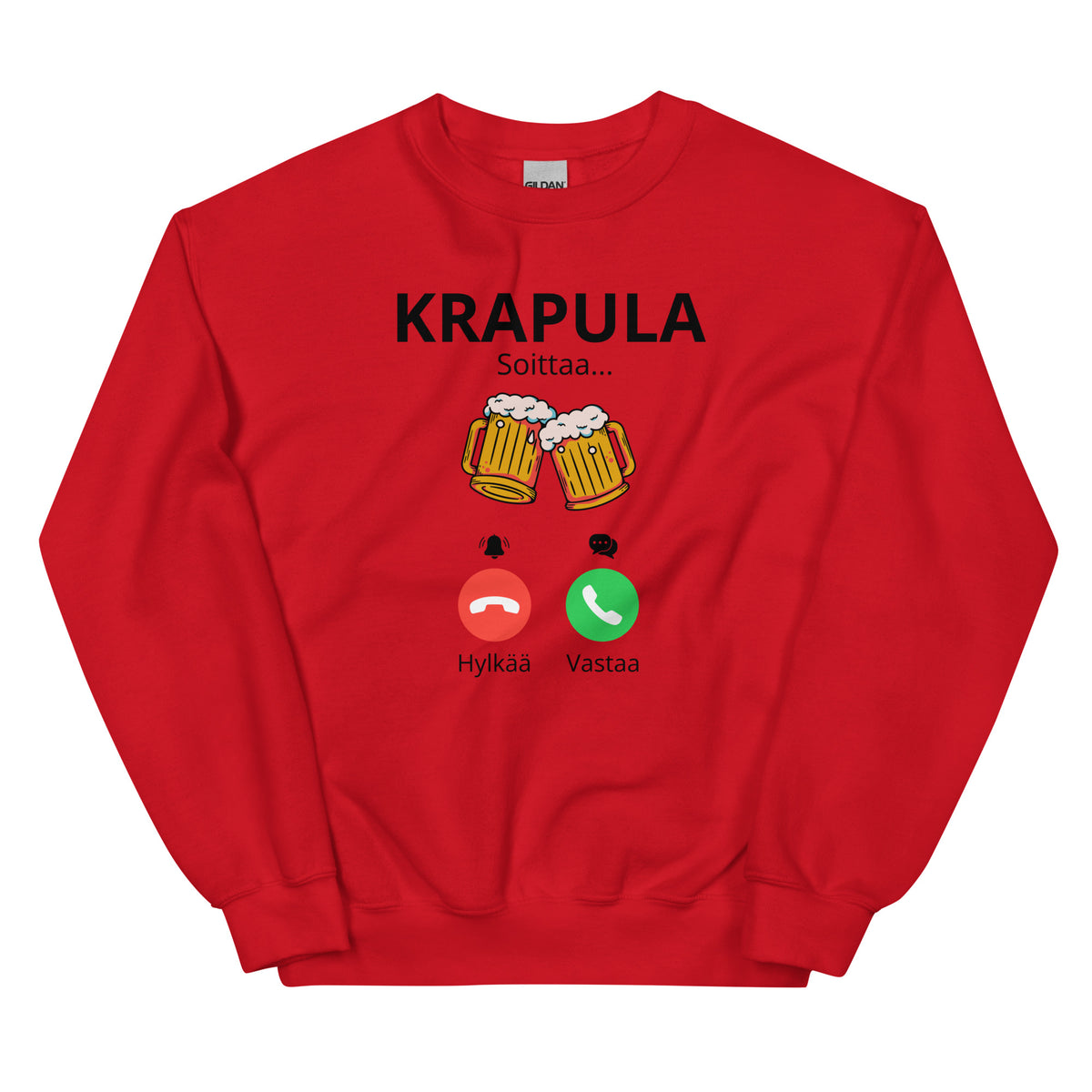 Hauska collegepaita punaisella pohjalla, jossa on grafiikka ja teksti Krapula Soittaa