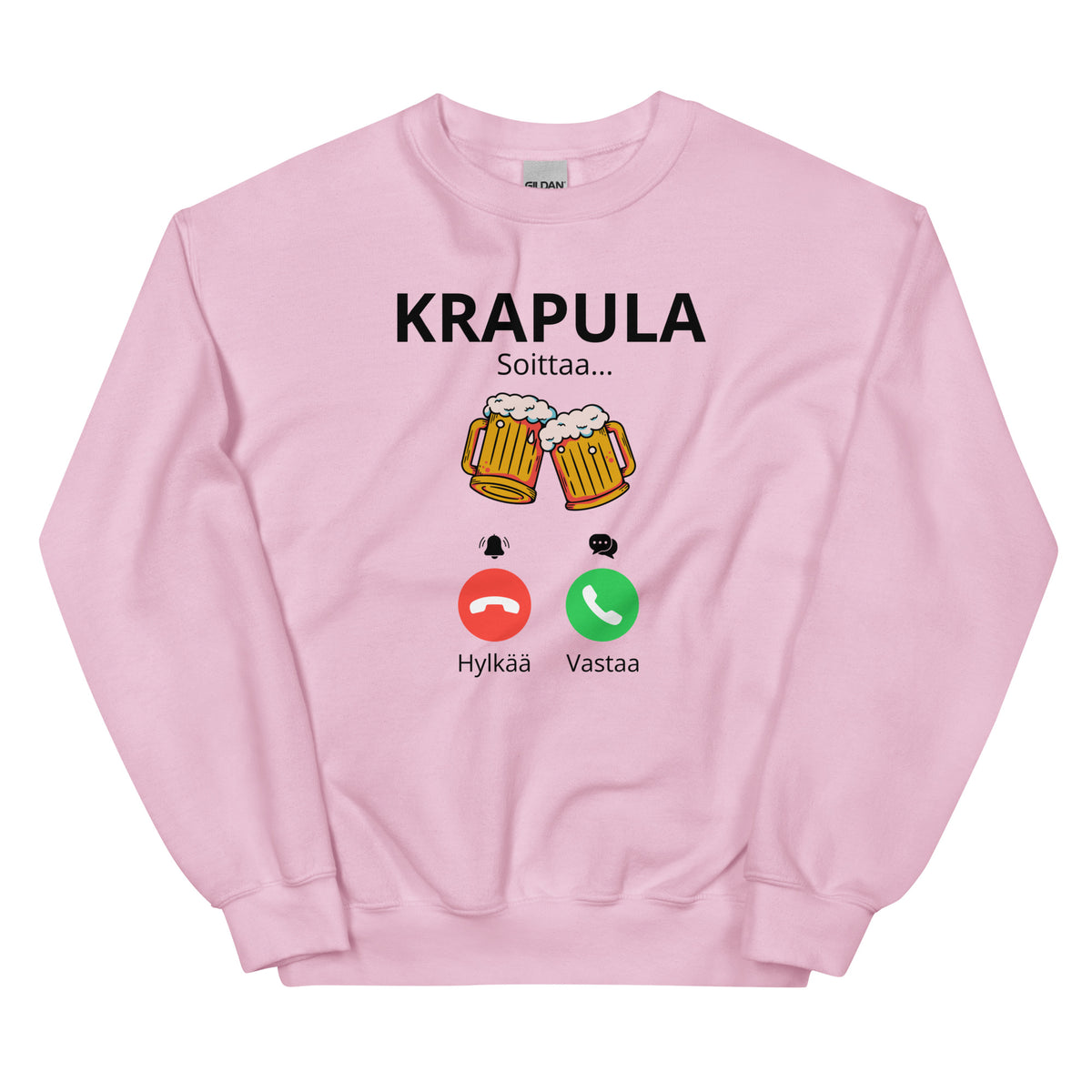 Hauska collegepaita vaaleanpunaisella värillä, jossa oluthanapainike ja teksti Krapula Soittaa