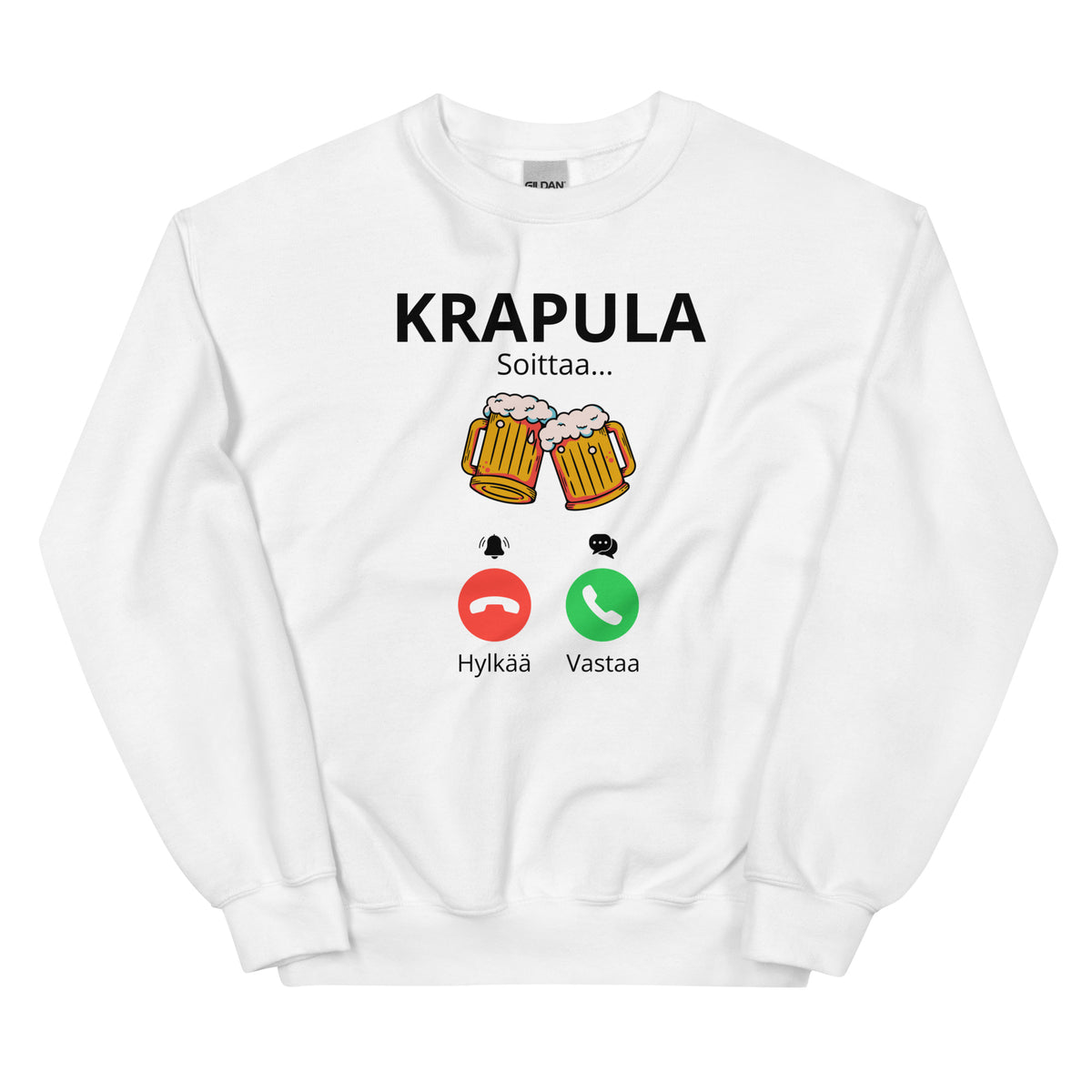 Hauska collegepaita, jossa on hauska Krapula-teema ja puhelinsymboli