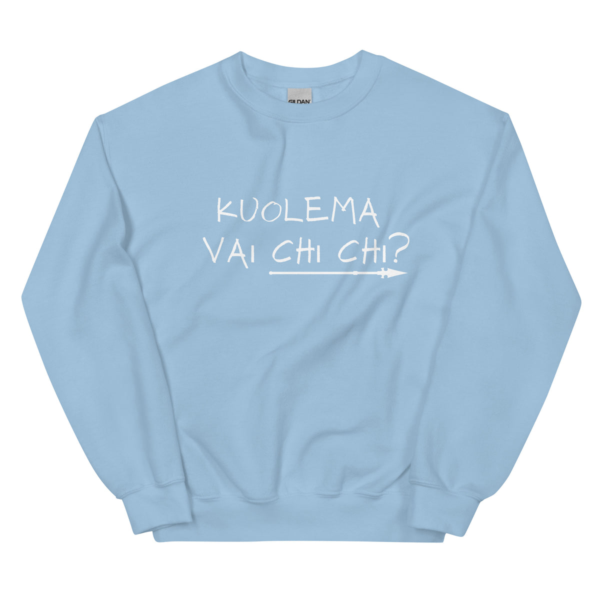 Meemirotta hauska collegepaita sinisessä värissä, jossa on teksti Kuolema vai Chi Chi?