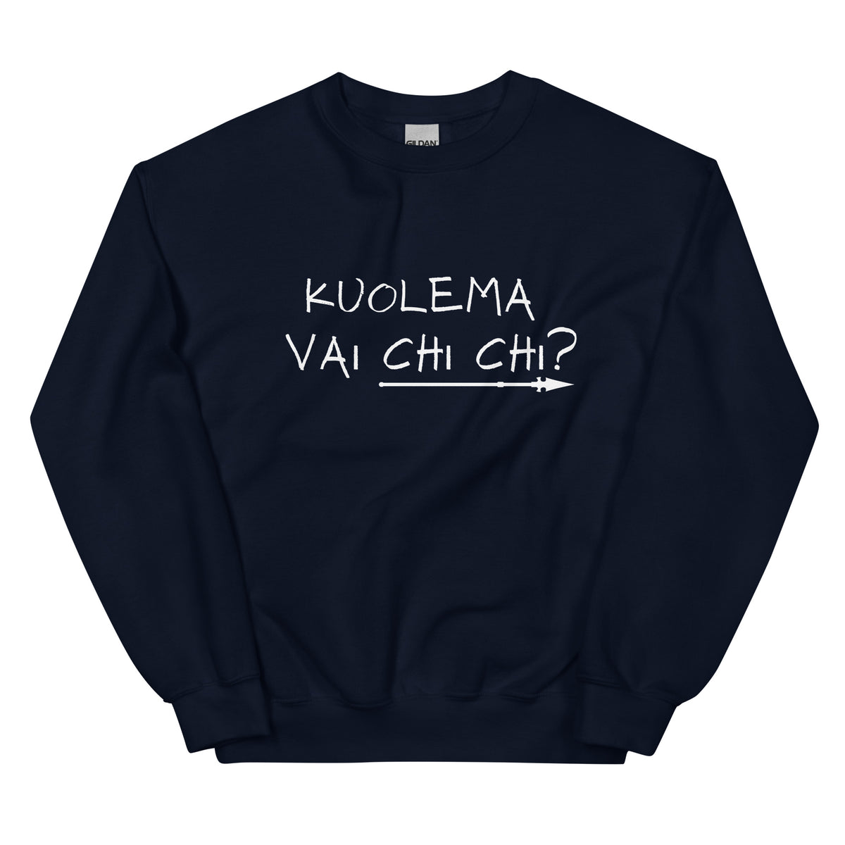 Meemirotta hauska collegepaita tummansininen, jossa valkoinen teksti 'KUOLEMA VAI CHI CHI?'