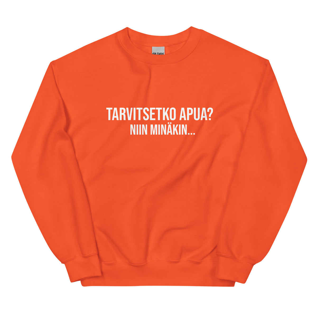 Oranssi hauska collegepaita, jossa teksti Tarvitsetko apua? Niin minakin...