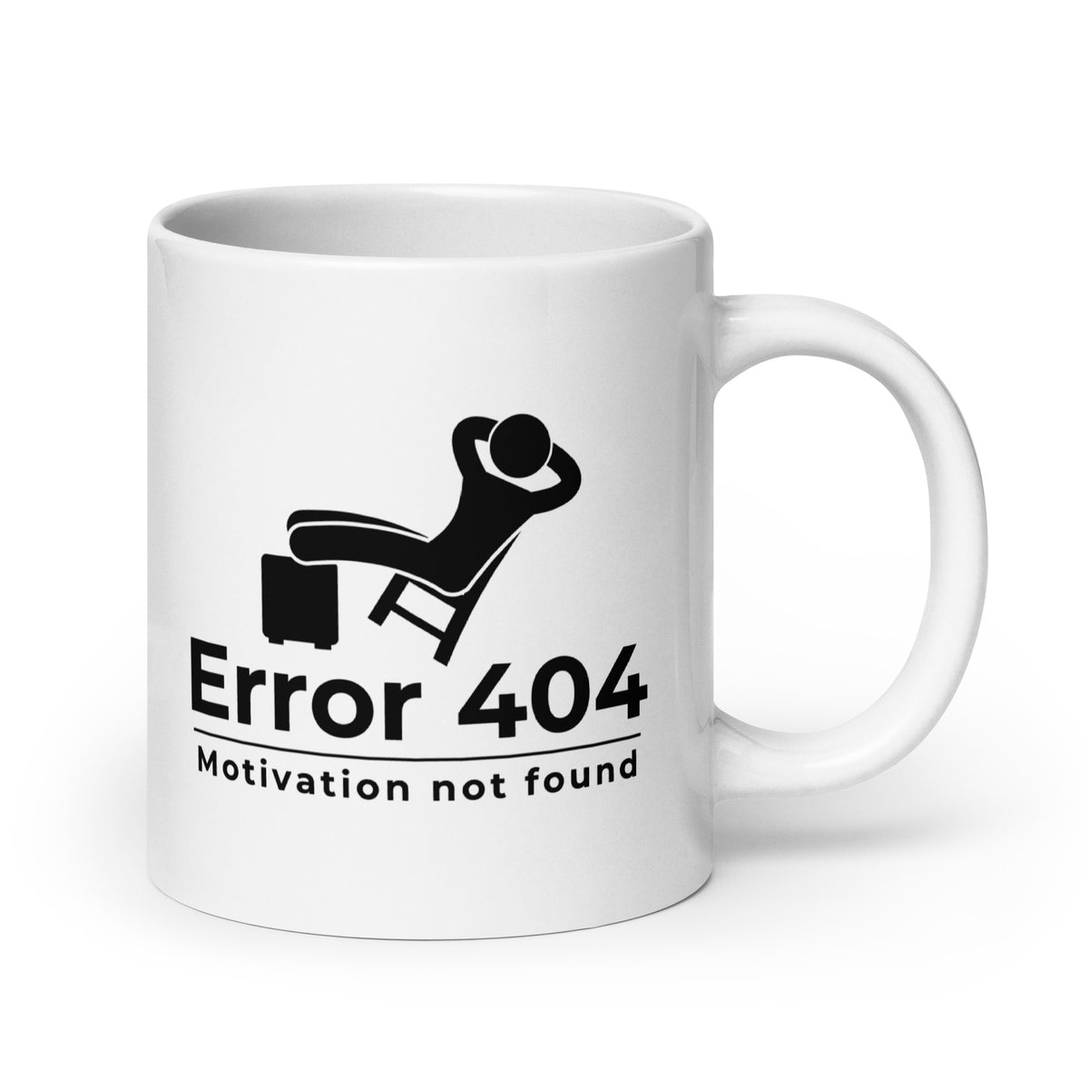 Hauska error 404 muki, jossa hahmo rentoutuu ja teksti Motivation not found