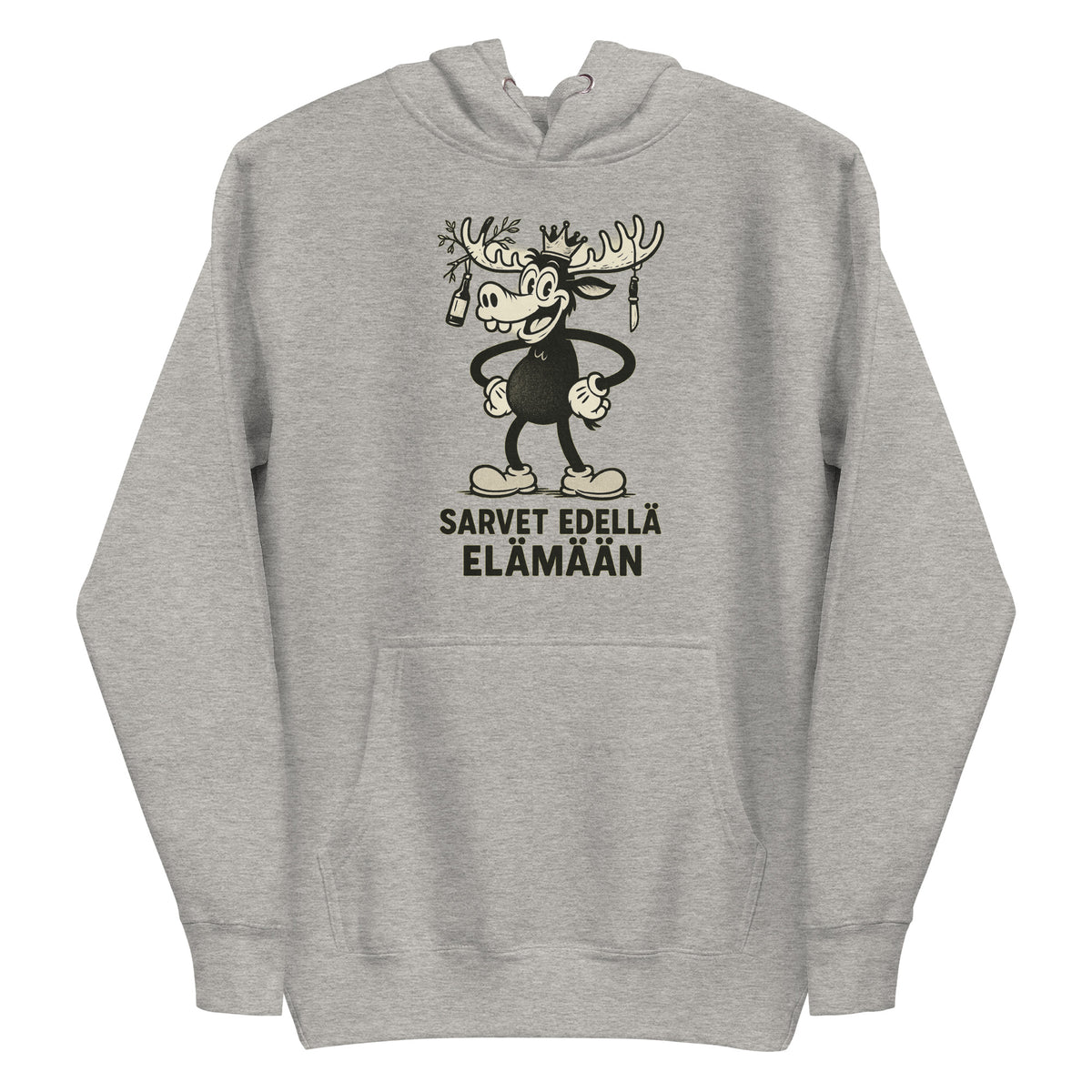 Harmaa hauska huppari, jossa on ainutlaatuinen porokuva ja teksti Sarvet edellä elämään.