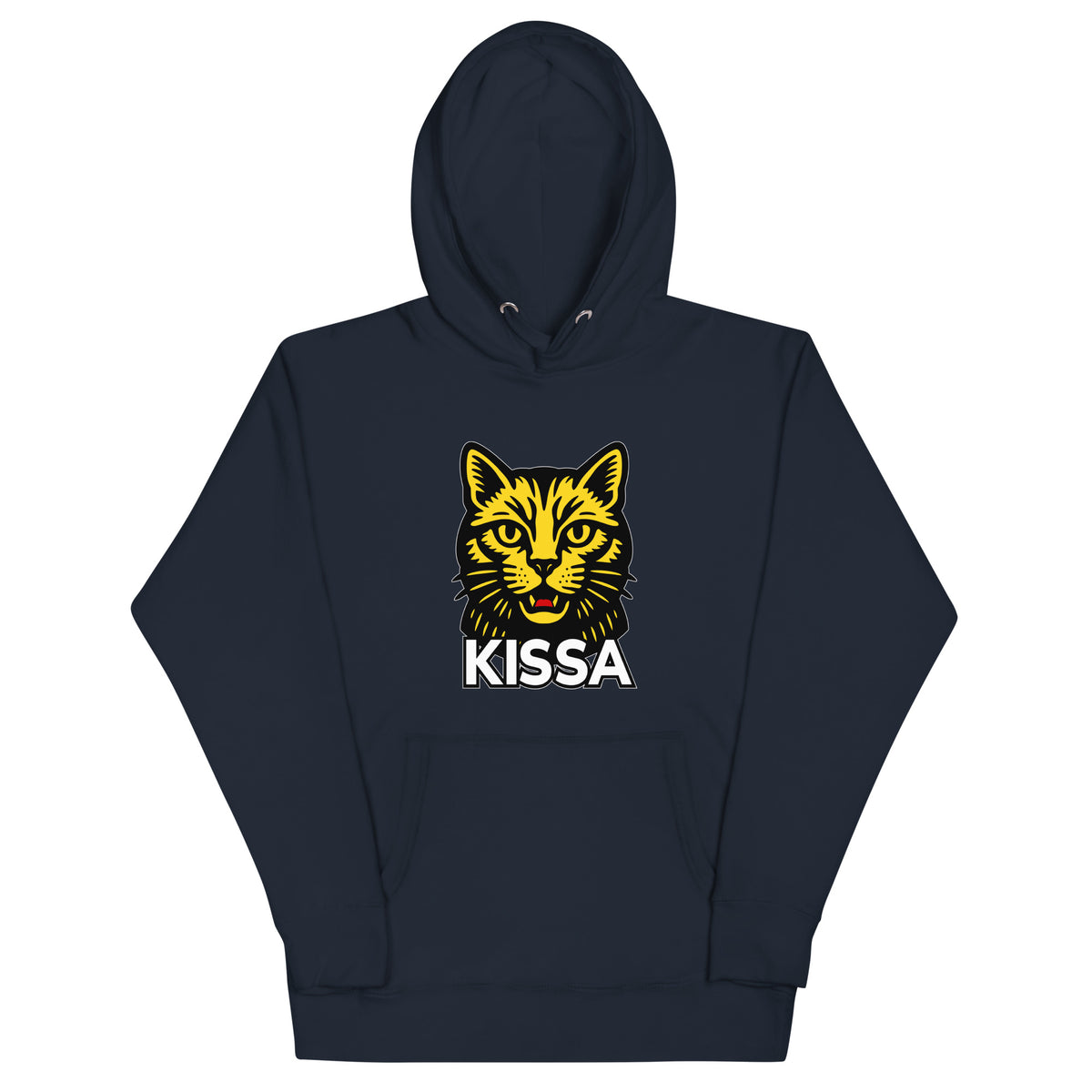 Meemirotta hauska huppari kissateemalla, jossa keltainen kissa ja teksti KISSA