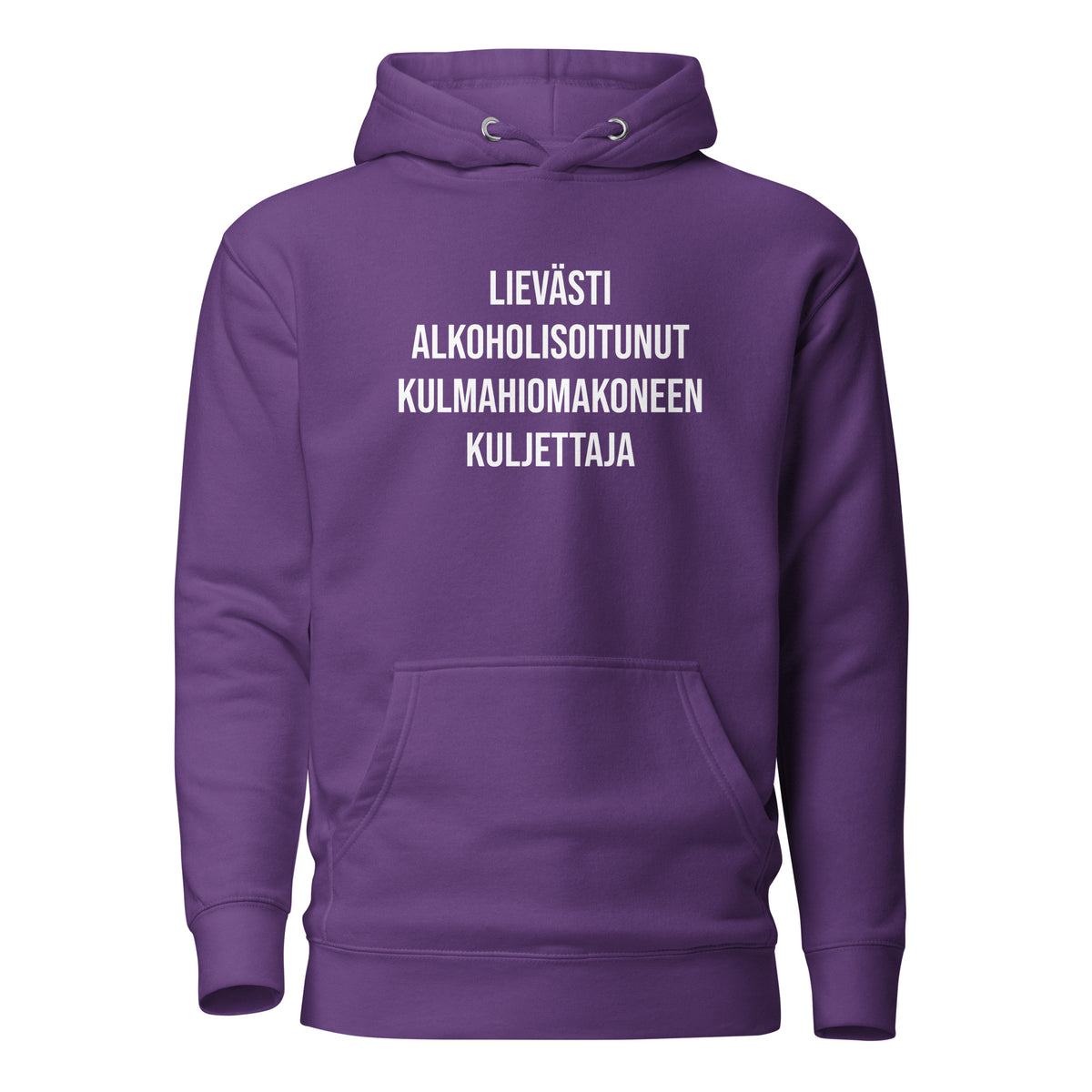 Violetin värinen hauska huppari miehille, jossa on teksti 'Lievästi alkoholisoitunut kulmahion makineen kuljettaja' 
