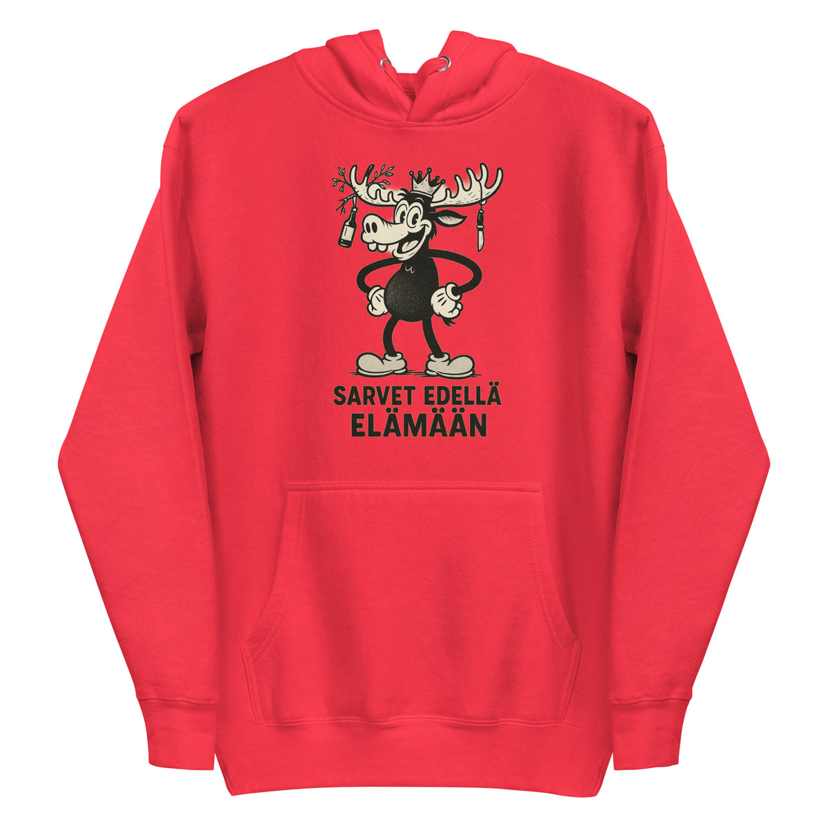Punainen hauska huppari, jossa sarvikuonohahmo ja teksti 'Sarvet edellä elämään'