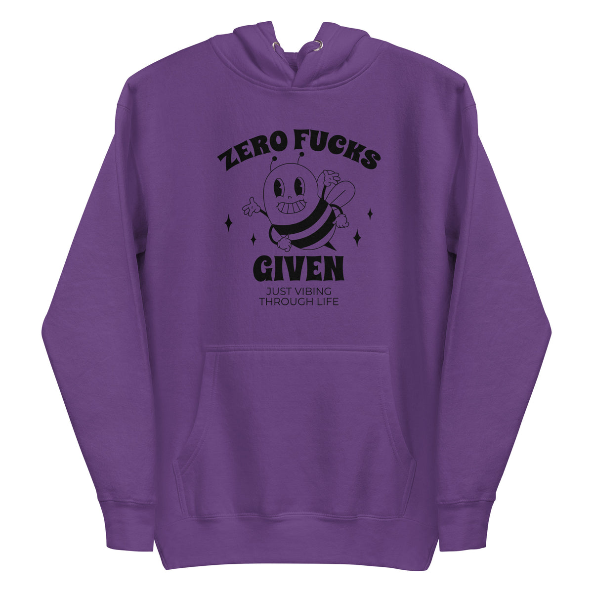 Hauska huppari violetissa värissä, jossa on musta graafinen printti tekstillä 'ZERO F*CKS GIVEN'.