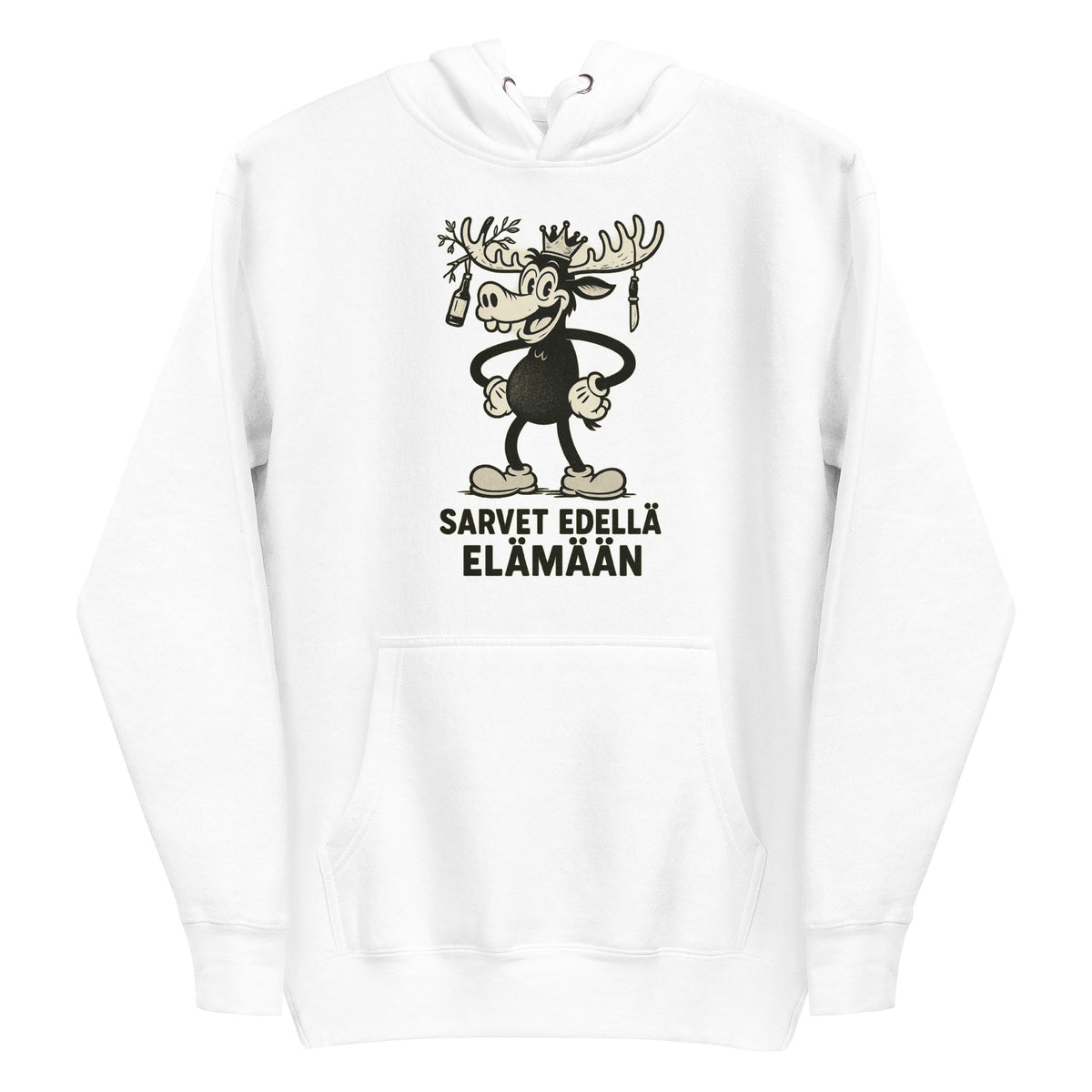 Valkoinen hauska huppari, jossa sarvia kantava eläinhahmo ja teksti 'Sarvet edellä elämään'