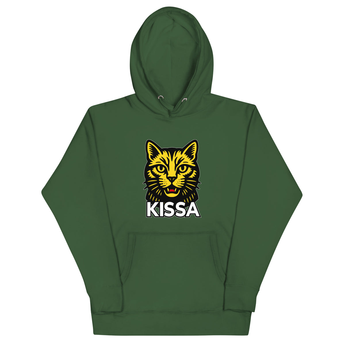 Vihreä hauska huppari, jossa on kissa-logokuvio etupuolella