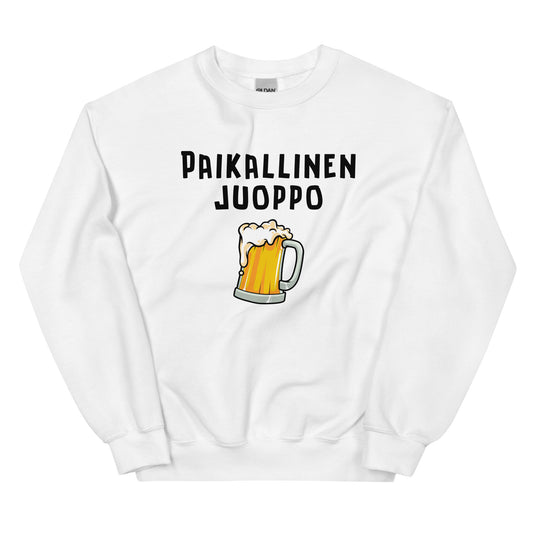 Hauska juoppo collegepaita valkoisella pohjalla, jossa olutkuppi ja teksti Paikallinen juoppo