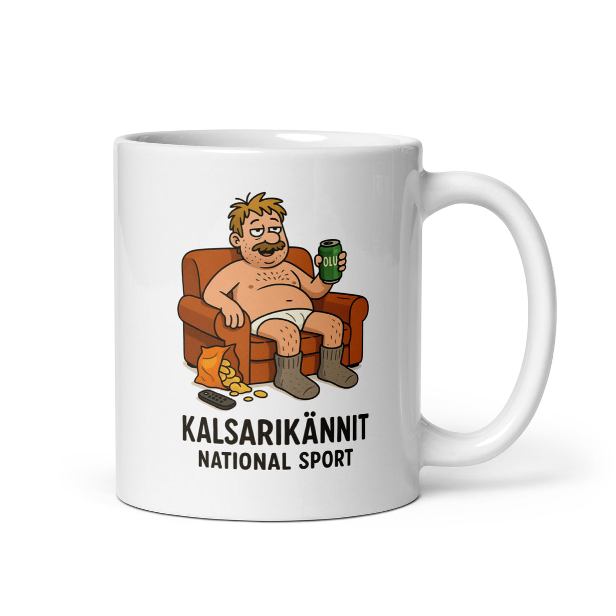 Hauska kahvikuppi, jossa on Kalsarikännin teema ja mies rentoutumassa sohvalla