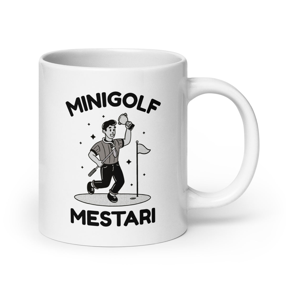 Hauska kahvikuppi, jossa minigolfmestari juoksee kentällä voittaen pelin.