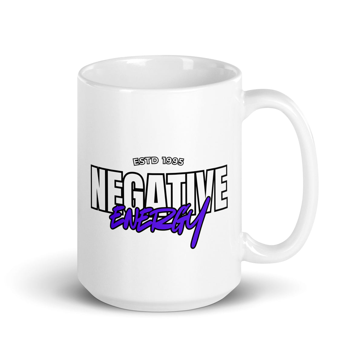 Hauska kahvikuppi, jossa teksti Negative Energy ja estd 1995, valkoinen malli