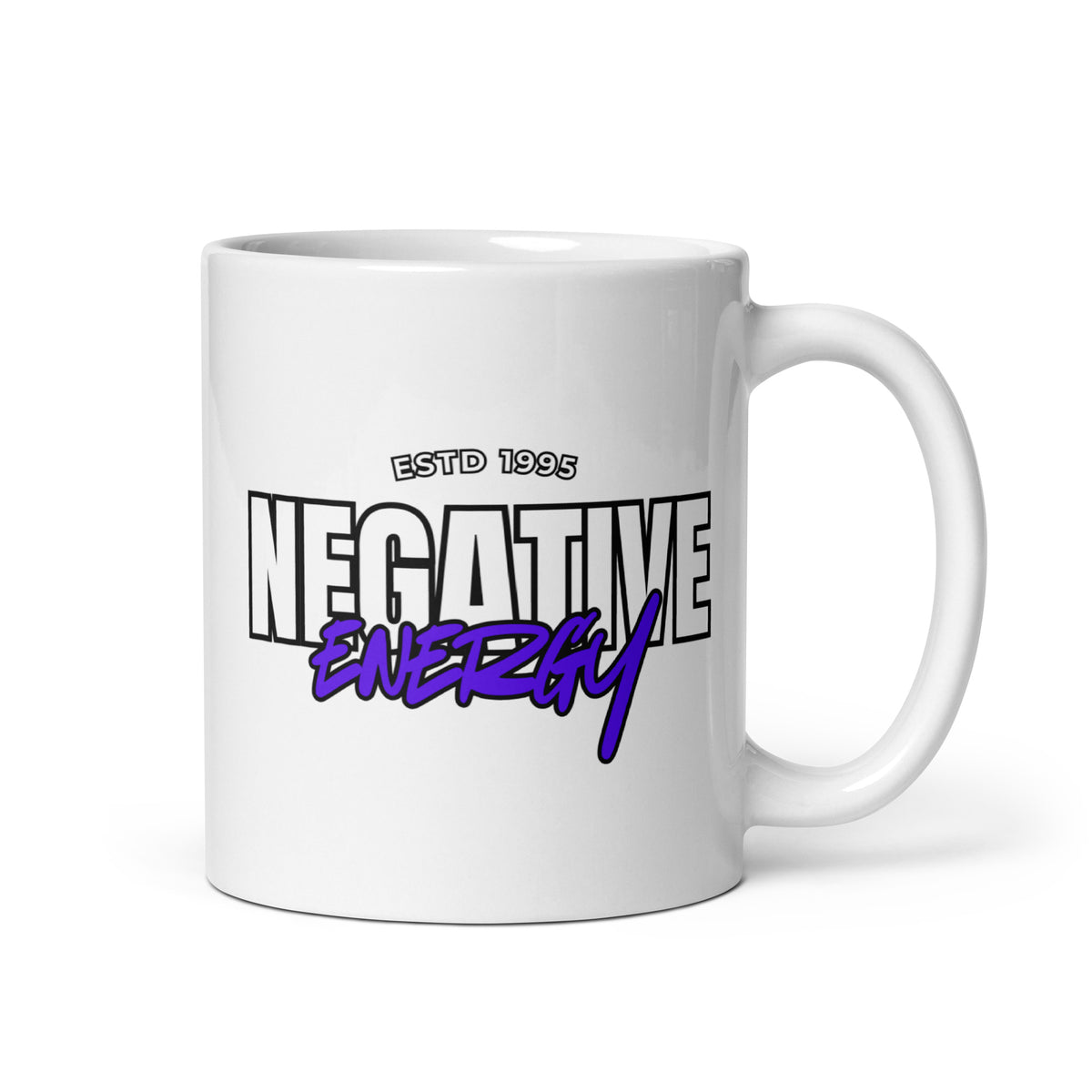 Hauska kahvikuppi, jossa teksti Negative Energy ja perustamisvuosi 1995